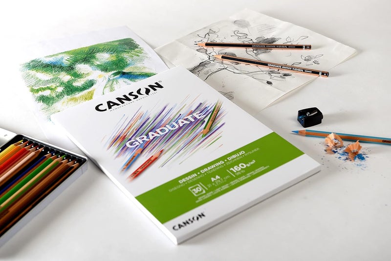 CANSON CANSON Graduate White Drawing 160gsm A4 Paper Light Grain Pad Glued Short Side 30 Bright White Sheets Ideal for Student Artists - Image 2