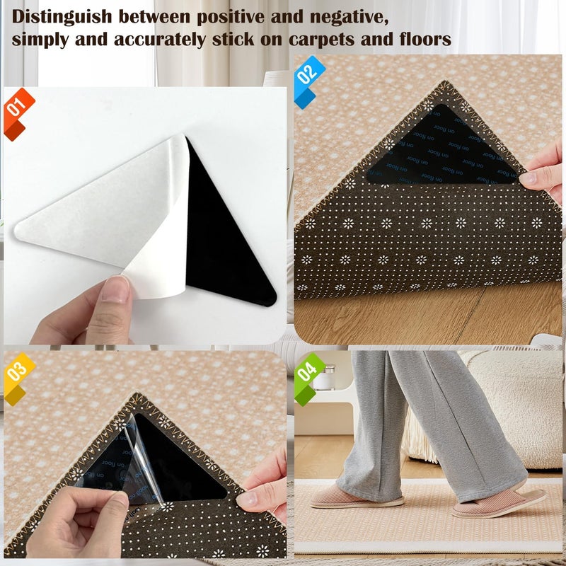 EKIND Black Reusable Rug Gripper Anti Slip Carpet Tape, Dual Sided Adhesive Pads for Non Slip Rug Pads for Hardwood Floors Mat Corner and Tiles Fixing Trimmable Shape(8Pcs,Triangle) - Image 3