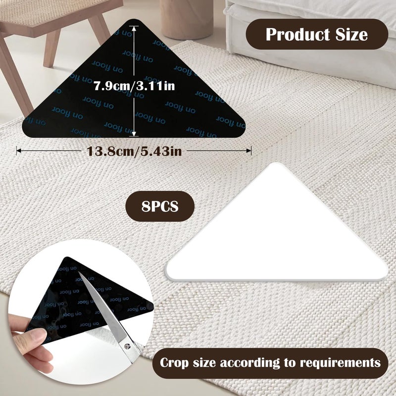 EKIND Black Reusable Rug Gripper Anti Slip Carpet Tape, Dual Sided Adhesive Pads for Non Slip Rug Pads for Hardwood Floors Mat Corner and Tiles Fixing Trimmable Shape(8Pcs,Triangle) - Image 2