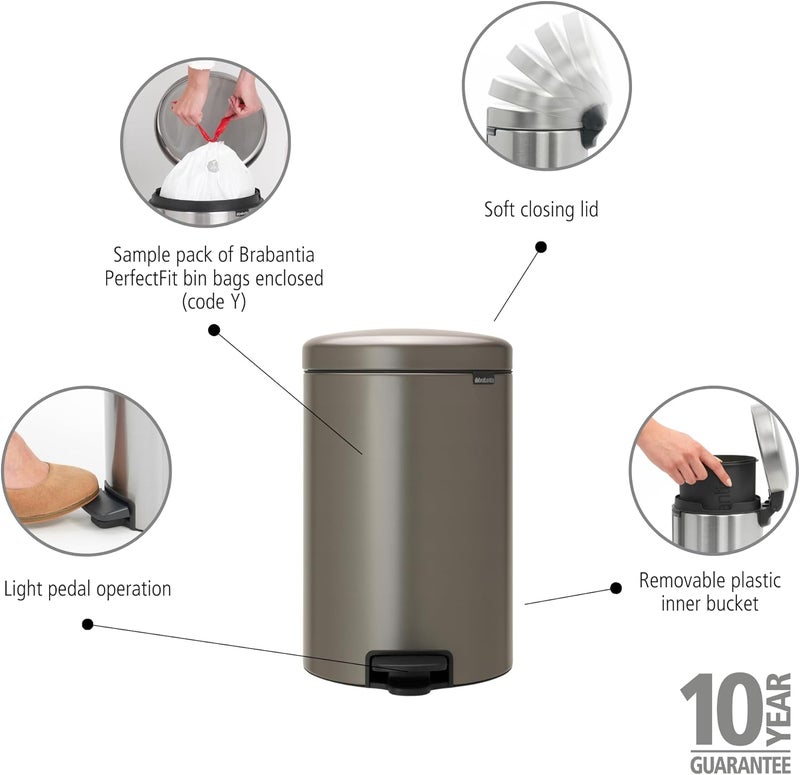 Brabantia 114045 Newicon Pedal Bin with Plastic Inner Bucket, 20 Litre - Platinum - Image 2