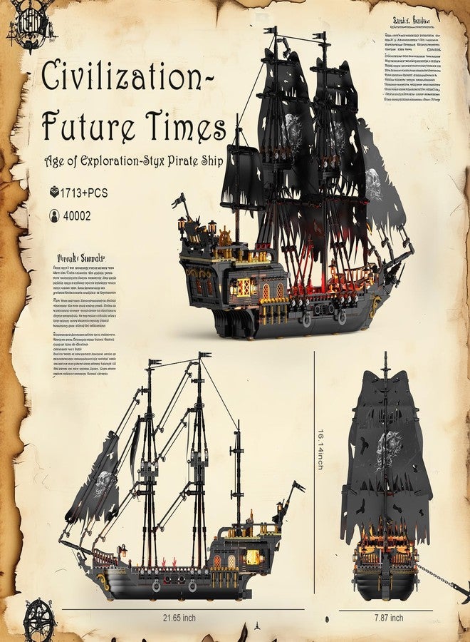 JMBricklayer Pirate Ship Building Toys with Lights, Pearl Pirate Ship Model Boat Kit 40002, Black Ship Toy Building Sets for Adult Teens 14+, Home Office Decor(1713 PCS) New Upgrade - Image 4