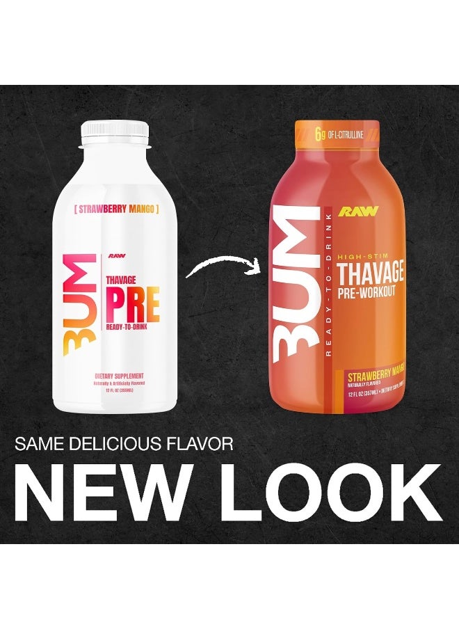 Raw - RAW Ready to Drink Pre-Workout Drink, Strawberry Mango - BUM Thavage RTD Protein Shakes - Image 1