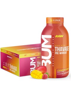 RAW Ready to Drink Pre-Workout Drink, Strawberry Mango - BUM Thavage RTD Protein Shakes