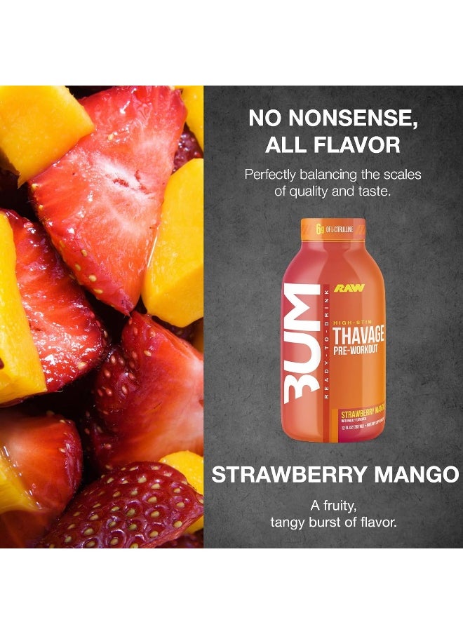 Raw - RAW Ready to Drink Pre-Workout Drink, Strawberry Mango - BUM Thavage RTD Protein Shakes - Image 1
