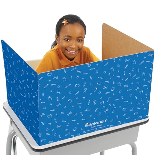 Really Good Stuff Large Privacy Shields for Student Desks – Set of 12 - Gloss - Study Carrel Reduces Distractions - Keep Eyes from Wandering During Tests, Blue with School Supplies Pattern - Image 2