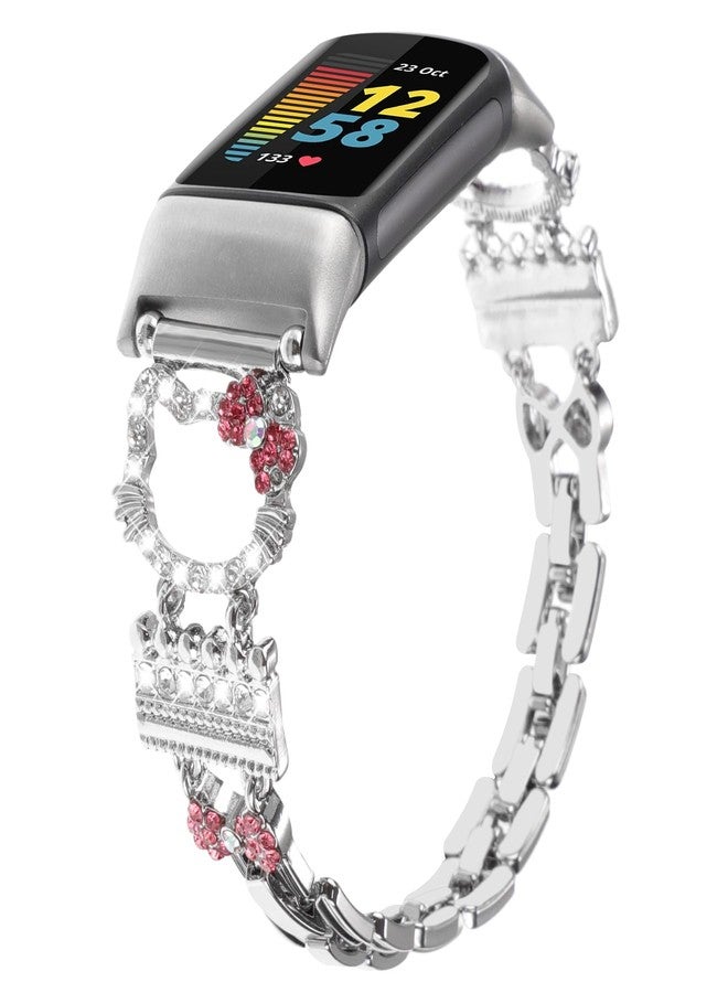 سوار معدني متوافق مع Fitbit Charge 6/ Fitbit Charge 5 للنساء، سوار بديل مزين بتعليقات كرتونية لطيفة لساعة Fitbit Charge 5 6 لتتبع اللياقة البدنية (قطة فضية لطيفة) - Image 1