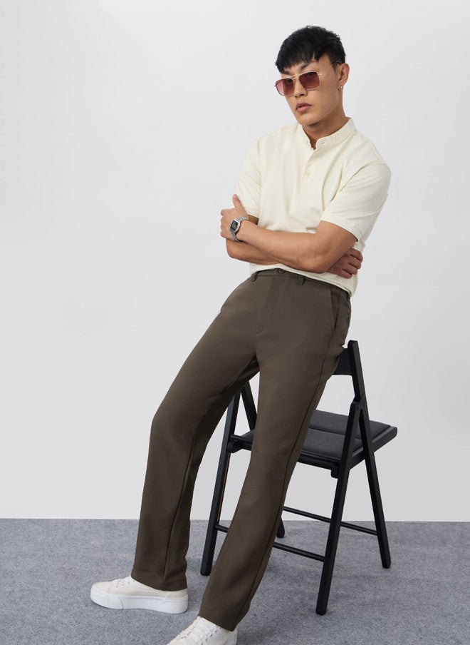 The Souled Store Men Slim Fit Solid Taupe Super Flex Pants - Image 1