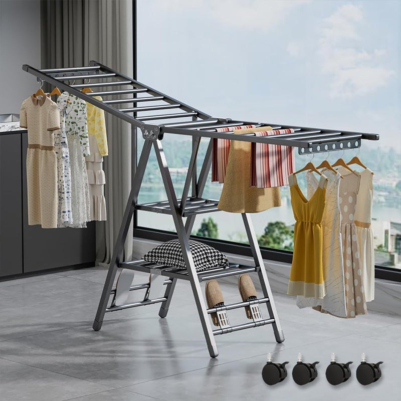 مزوغوت مجفف ملابس قابل للطي كبير مع رف تجفيف و4 أرفف للأحذية، رف تجفيف ملابس متنقل وقابل للطي ذو 3 طوابق، مجفف ملابس مستقل مزود بعجلات للاستخدام داخليًا أو خارجيًا، بطول 180 سم - Image 1