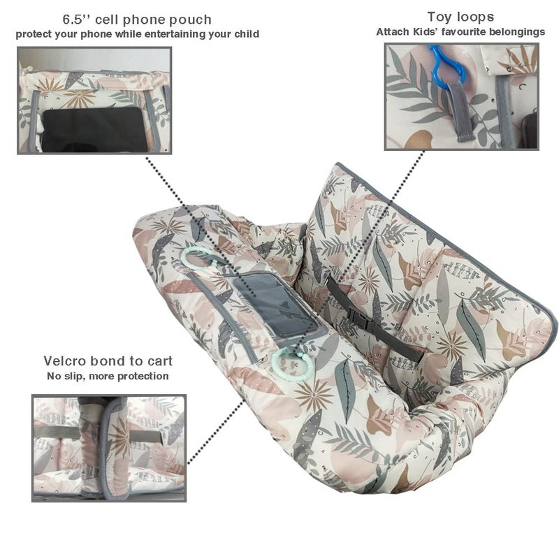 DODO NICI Shopping Cart Cover for Baby, 2 in 1 High Chair Cover for Restaurant seat & Grocery Cart Cover for Babies, Thick Padded with Clear Phone Pouch, Machine Washable, Leaves - Image 3