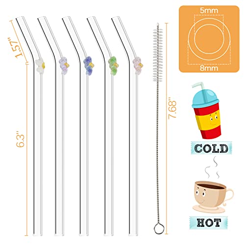 Olpchee 5 Pcs Reusable Straws Clear Glass Straws Colorful Flower Design Size 7.8" x 8mm with 1 Cleaning Brush for Smoothies, Milkshakes, Juices, Teas (Multicolor) - Image 4