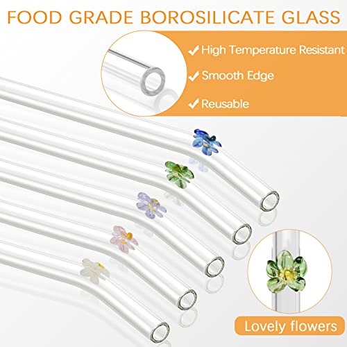 Olpchee 5 Pcs Reusable Straws Clear Glass Straws Colorful Flower Design Size 7.8" x 8mm with 1 Cleaning Brush for Smoothies, Milkshakes, Juices, Teas (Multicolor) - Image 2