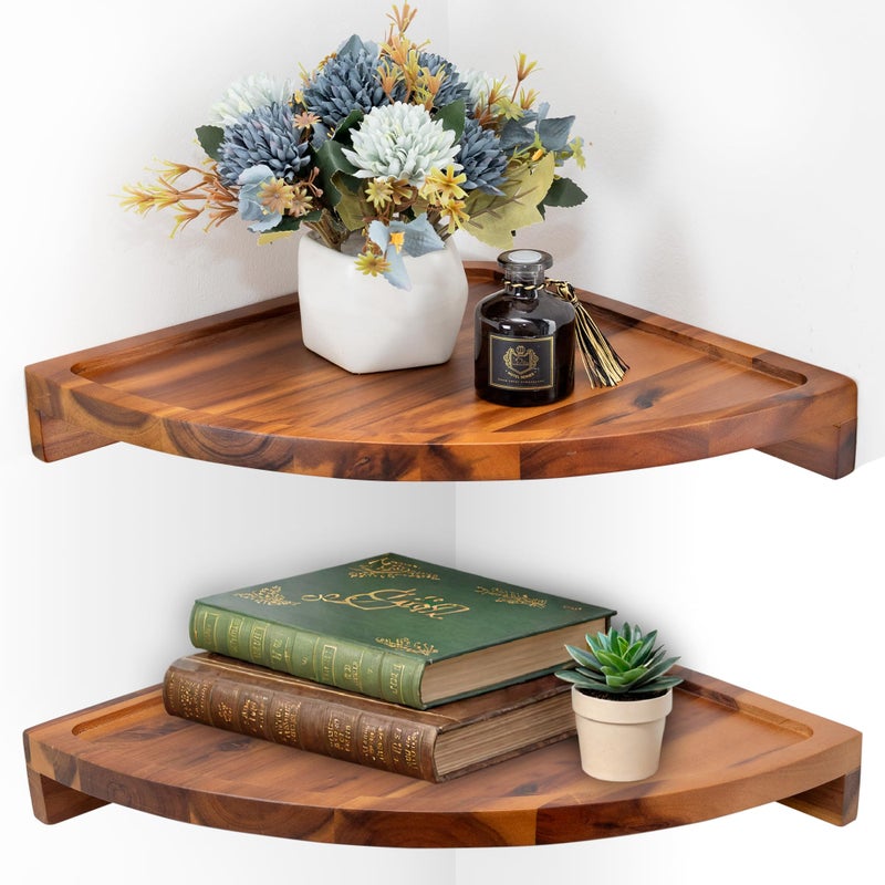 Demigo Floating Round Corner Shelves for Wall 2pcs  Acacia Wood WallMounted Storage Shelves for Home Decor Space Saving Displays for Living Room Kitchen Office and Bedroom Natural Brown