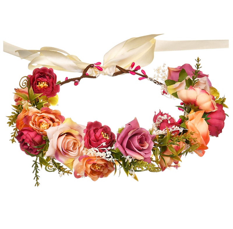 Vivivalue Floral Crown Rose Flower Headband Hair Wreath Floral Headpiece Halo Boho with Ribbon Wedding Party Festival Photos - Image 1
