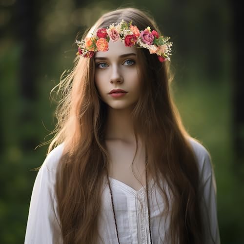 Vivivalue Floral Crown Rose Flower Headband Hair Wreath Floral Headpiece Halo Boho with Ribbon Wedding Party Festival Photos - Image 2