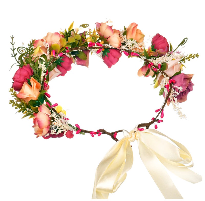 Vivivalue Floral Crown Rose Flower Headband Hair Wreath Floral Headpiece Halo Boho with Ribbon Wedding Party Festival Photos - Image 3