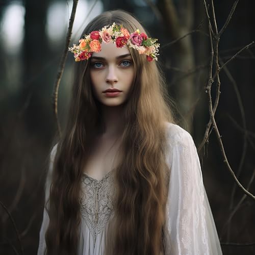 Vivivalue Floral Crown Rose Flower Headband Hair Wreath Floral Headpiece Halo Boho with Ribbon Wedding Party Festival Photos - Image 4