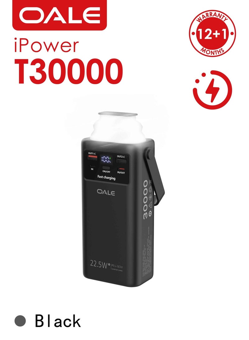 OALE iPower T30000 Portable Camping Power Bank– 22.5W Fast Charging, 4 USB &1 Type-C PD Ports, 2 Built-in Cables(Lightning&Type-C) SOS LED Light, for Multi-Device Use | Black - Image 3