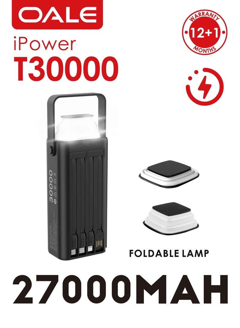 OALE iPower T30000 Portable Camping Power Bank– 22.5W Fast Charging, 4 USB &1 Type-C PD Ports, 2 Built-in Cables(Lightning&Type-C) SOS LED Light, for Multi-Device Use | Black - Image 2