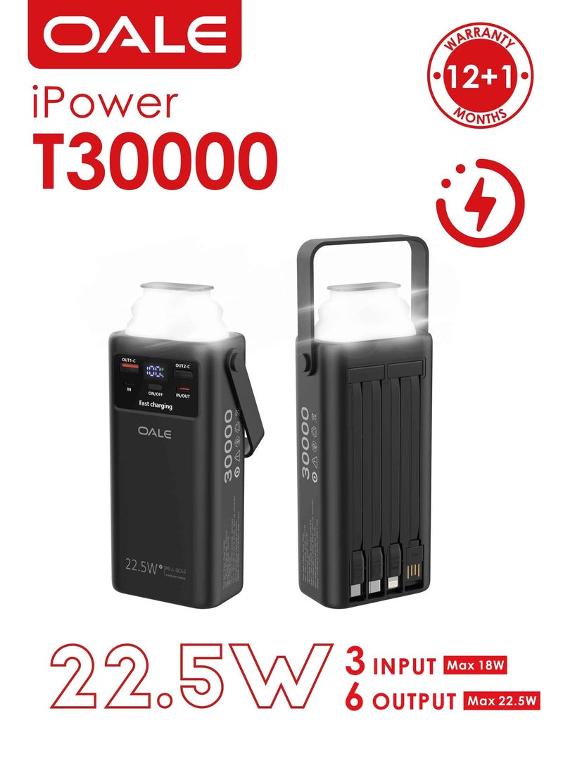 OALE iPower T30000 Portable Camping Power Bank– 22.5W Fast Charging, 4 USB &1 Type-C PD Ports, 2 Built-in Cables(Lightning&Type-C) SOS LED Light, for Multi-Device Use | Black - Image 1