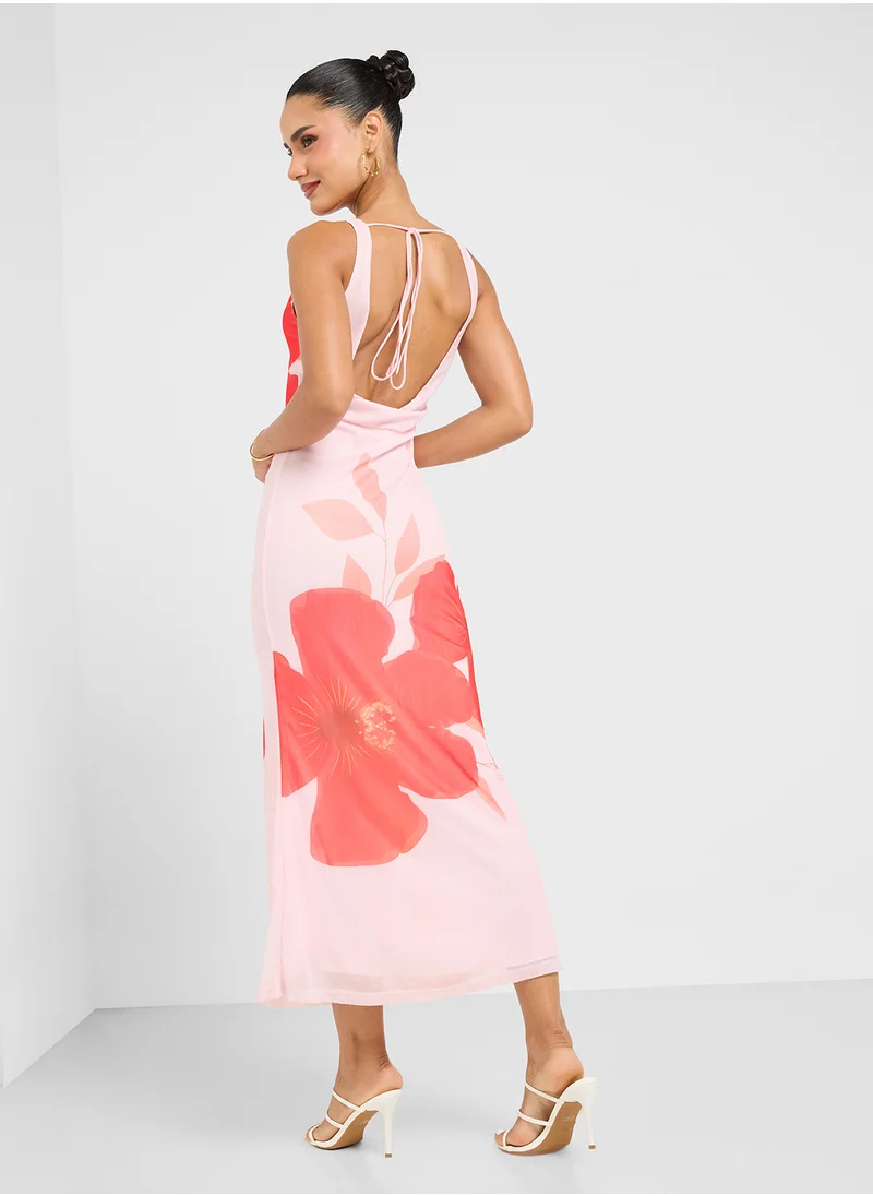 جينجر Assymetric Shoulder Floral Print Bodycon Dress