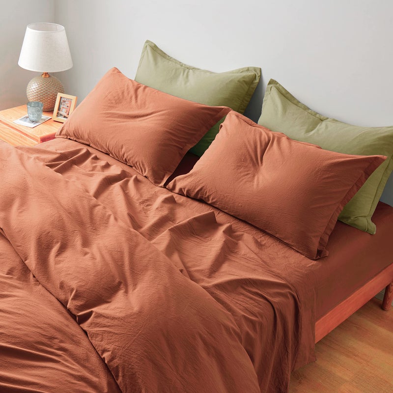 Eikei Washed Cotton Chambray Fitted Sheet Set Solid Color Casual Modern Style Bedding Set Relaxed Soft Feel Natural Wrinkled Look Rust King