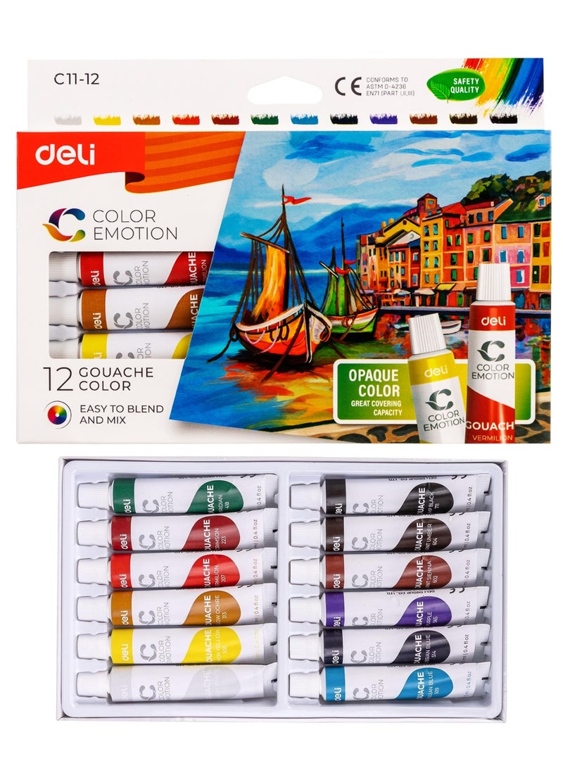 Deli 12-Piece Gouache Paint Tube Set 12ml Content Per Tube - Image 1
