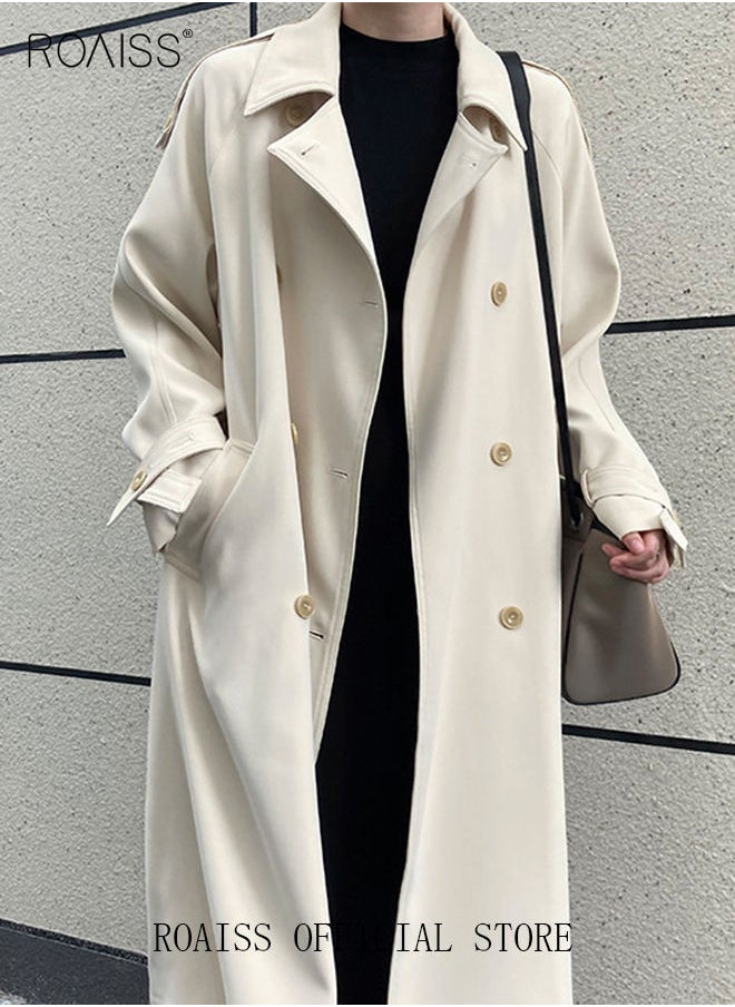 roaiss Women's Mid-Length Trench Coat With Wide Belt Oversized Lapel Women's Raglan Sleeves Neck Windbreaker Drape Trench Straight Shoulder Long Sleeves  - Image 3