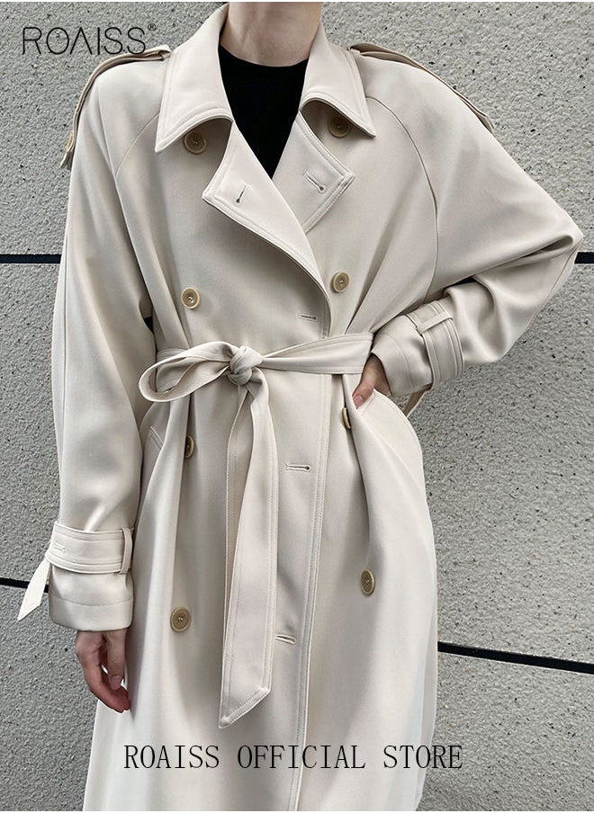 roaiss Women's Mid-Length Trench Coat With Wide Belt Oversized Lapel Women's Raglan Sleeves Neck Windbreaker Drape Trench Straight Shoulder Long Sleeves  - Image 2