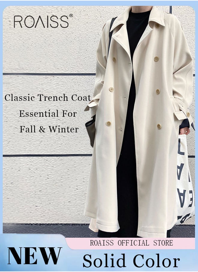 roaiss Women's Mid-Length Trench Coat With Wide Belt Oversized Lapel Women's Raglan Sleeves Neck Windbreaker Drape Trench Straight Shoulder Long Sleeves  - Image 1