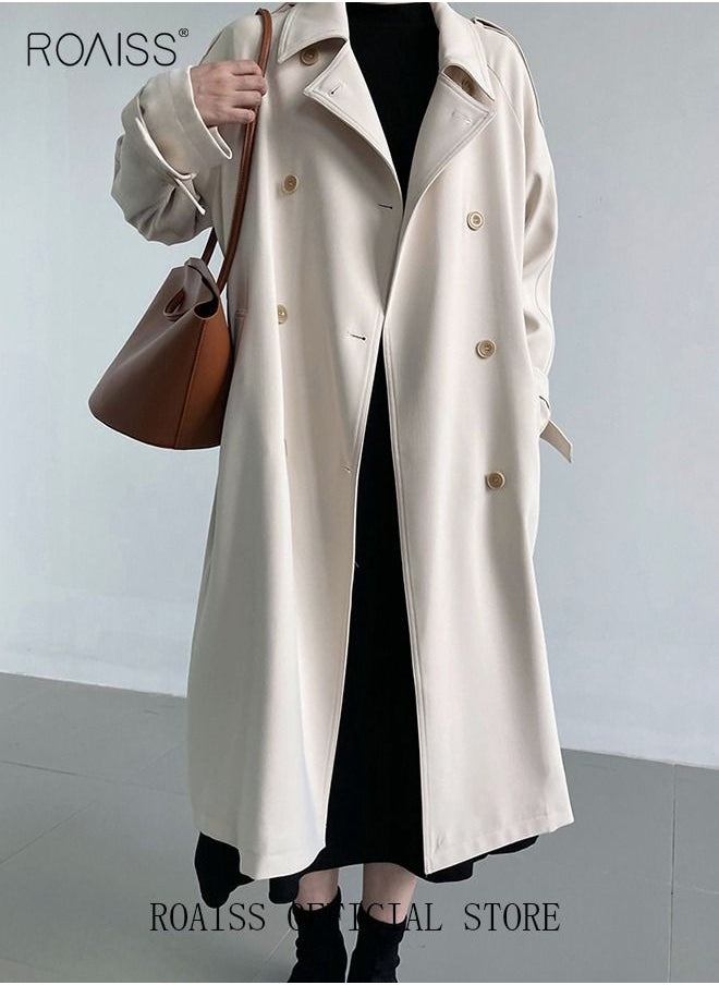 roaiss Women's Mid-Length Trench Coat With Wide Belt Oversized Lapel Women's Raglan Sleeves Neck Windbreaker Drape Trench Straight Shoulder Long Sleeves  - Image 4