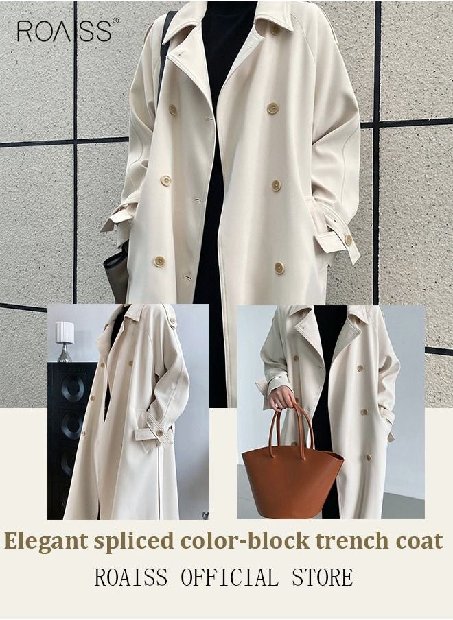 roaiss Women's Mid-Length Trench Coat With Wide Belt Oversized Lapel Women's Raglan Sleeves Neck Windbreaker Drape Trench Straight Shoulder Long Sleeves  - Image 5