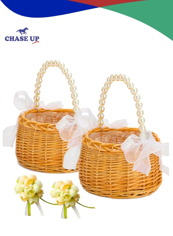 تشيس اب سلة زهور من الخيزران والروطان مع مقبض من اللؤلؤ وعقدة فيونكة على شكل بتلات الزفاف لحفلات الزفاف والنزهات والتخييم والتخزين والديكور المنزلي ودعائم الصور قطعتان - Image 1