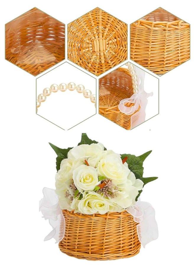 تشيس اب سلة زهور من الخيزران والروطان مع مقبض من اللؤلؤ وعقدة فيونكة على شكل بتلات الزفاف لحفلات الزفاف والنزهات والتخييم والتخزين والديكور المنزلي ودعائم الصور قطعتان - Image 2