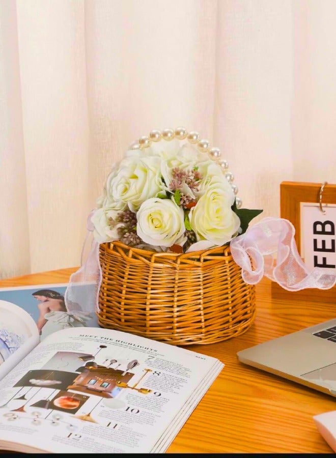 تشيس اب سلة زهور من الخيزران والروطان مع مقبض من اللؤلؤ وعقدة فيونكة على شكل بتلات الزفاف لحفلات الزفاف والنزهات والتخييم والتخزين والديكور المنزلي ودعائم الصور قطعتان - Image 3