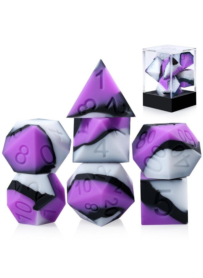 DNDND Silicone Dnd Dice Set, 7Pcs Silicone Rubber D&D Die With Clear Plastic Display Case For Dungeons And Dragons Role Playing Games And Tabletop Games（Purple Black White  - Image 1