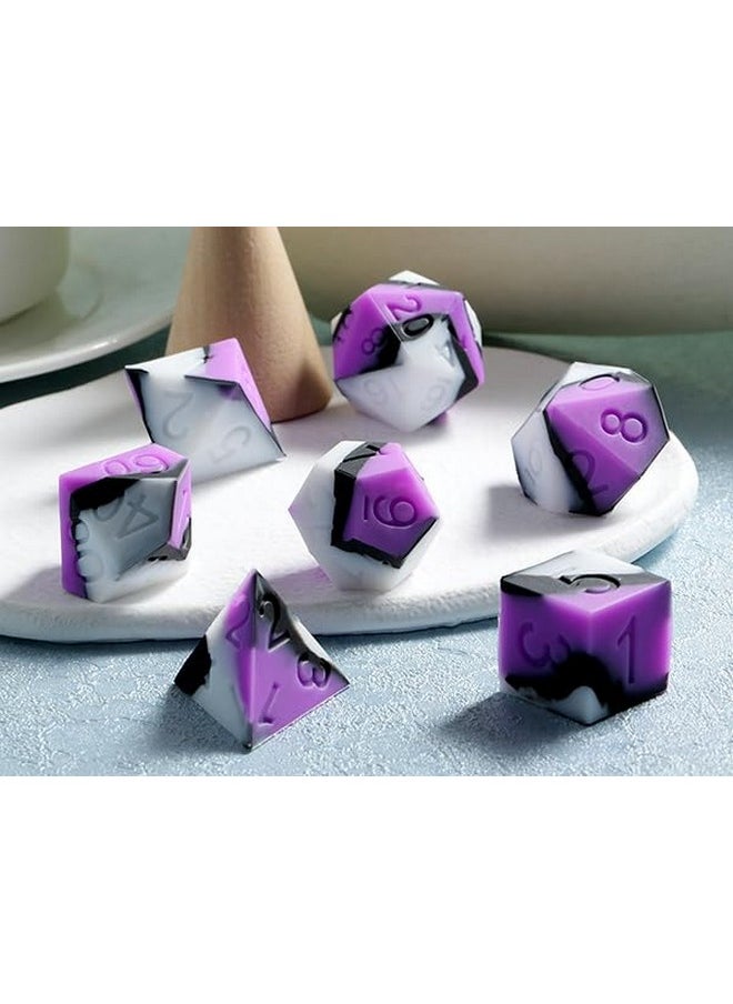 DNDND Silicone Dnd Dice Set, 7Pcs Silicone Rubber D&D Die With Clear Plastic Display Case For Dungeons And Dragons Role Playing Games And Tabletop Games（Purple Black White  - Image 2