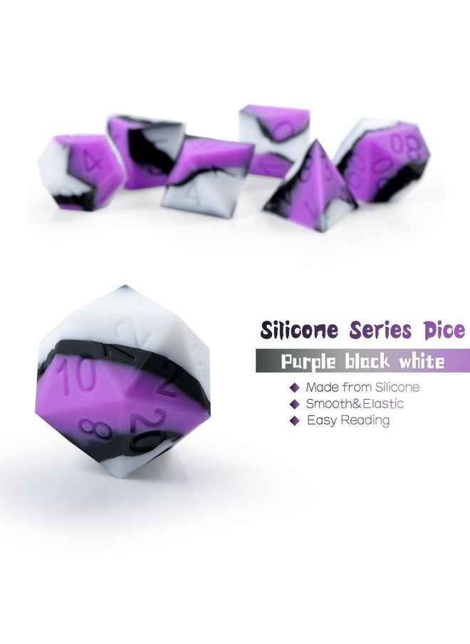 DNDND Silicone Dnd Dice Set, 7Pcs Silicone Rubber D&D Die With Clear Plastic Display Case For Dungeons And Dragons Role Playing Games And Tabletop Games（Purple Black White  - Image 4