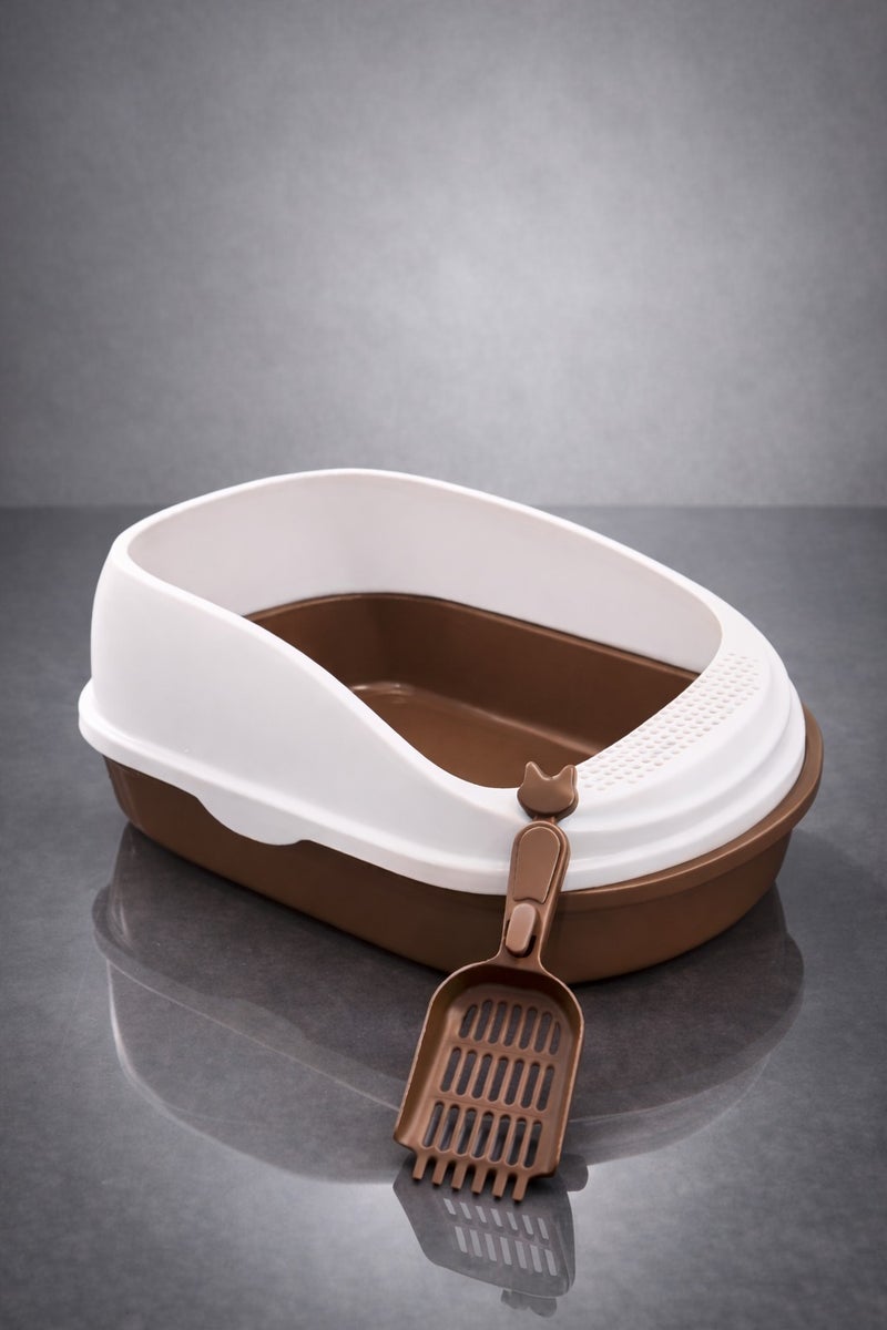 vsell24 Brown Cat Litter Box with Scoop – Deep, Easy-Clean Tray– 56×39×26cm - Image 1
