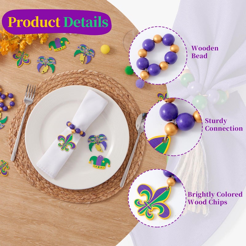 APTWOW Mardi Gras Fleur De Lis Napkin Rings Set of 12, Wood Card Mask Napkin Rings for Table Decor, Clown Hat Napkin Holder for Mardi Gras Table Decorations, Spring Banquet, Wedding - Image 3