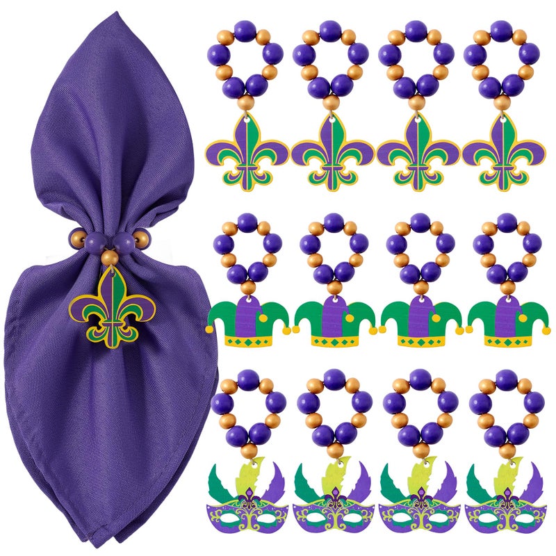 APTWOW Mardi Gras Fleur De Lis Napkin Rings Set of 12, Wood Card Mask Napkin Rings for Table Decor, Clown Hat Napkin Holder for Mardi Gras Table Decorations, Spring Banquet, Wedding - Image 1