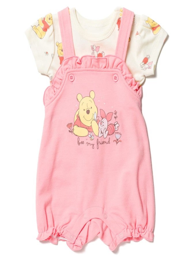 Disney Piglet Winnie the Pooh Newborn Baby Girls French Terry Short Overalls and T-Shirt Pink/White 0-3 Months - Image 3