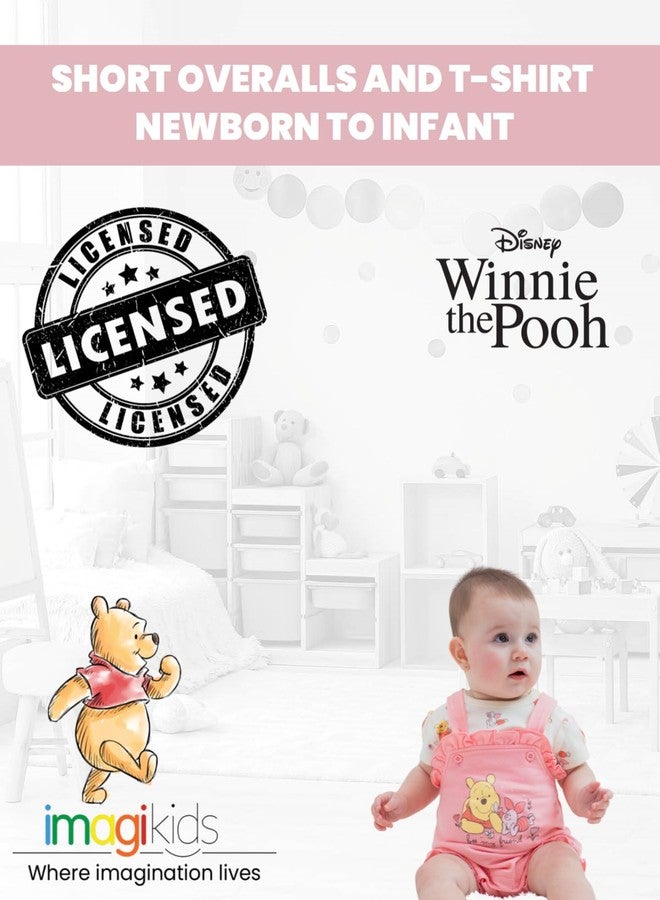 Disney Piglet Winnie the Pooh Newborn Baby Girls French Terry Short Overalls and T-Shirt Pink/White 0-3 Months - Image 2