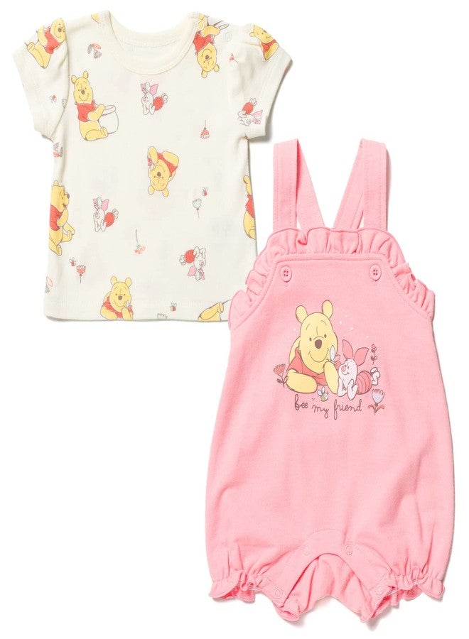 Disney Piglet Winnie the Pooh Newborn Baby Girls French Terry Short Overalls and T-Shirt Pink/White 0-3 Months - Image 1