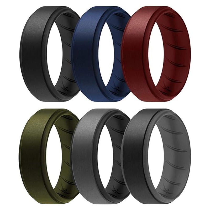 ROQ Silicone Rubber Wedding Ring for Men, Comfort Fit, Men's Wedding Band, Breathable Rubber Engagement Ring/Band, Step Edge, 8mm Wide 2mm Thick, 6 Pack, Black, Blue, Bordeaux, Green, Grey, Size 8 - Image 1