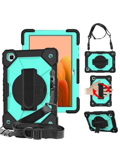 Case Cover For Samsung Galaxy Tab A7 T500 / T505 Contrast Color Robot Shockproof Silicon + PC Protective Case with Holder & Shoulder Strap Black+Aqua