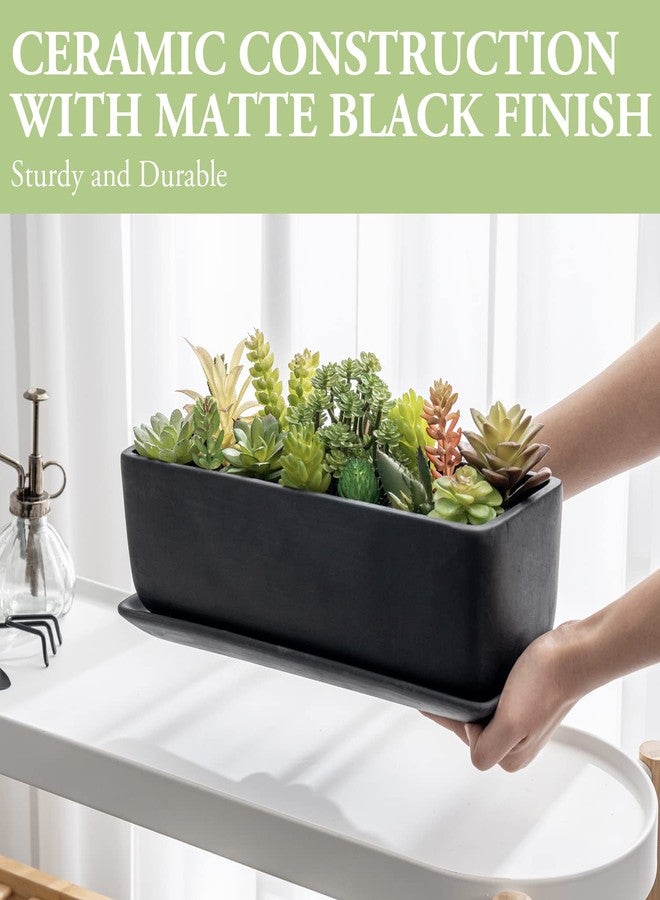 MyGift 14 Inch Black Ceramic Window Box Planters, Rectangle Flower Boxes Succulent Planter Pot with Saucer, Drainage Holes and Trays for Windowsill, Indoor, Outdoor, Garden - Image 3