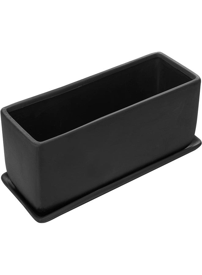 MyGift 14 Inch Black Ceramic Window Box Planters, Rectangle Flower Boxes Succulent Planter Pot with Saucer, Drainage Holes and Trays for Windowsill, Indoor, Outdoor, Garden - Image 1
