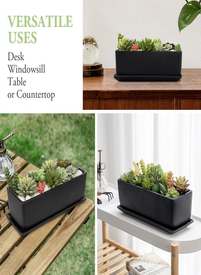 MyGift 14 Inch Black Ceramic Window Box Planters, Rectangle Flower Boxes Succulent Planter Pot with Saucer, Drainage Holes and Trays for Windowsill, Indoor, Outdoor, Garden - Image 4