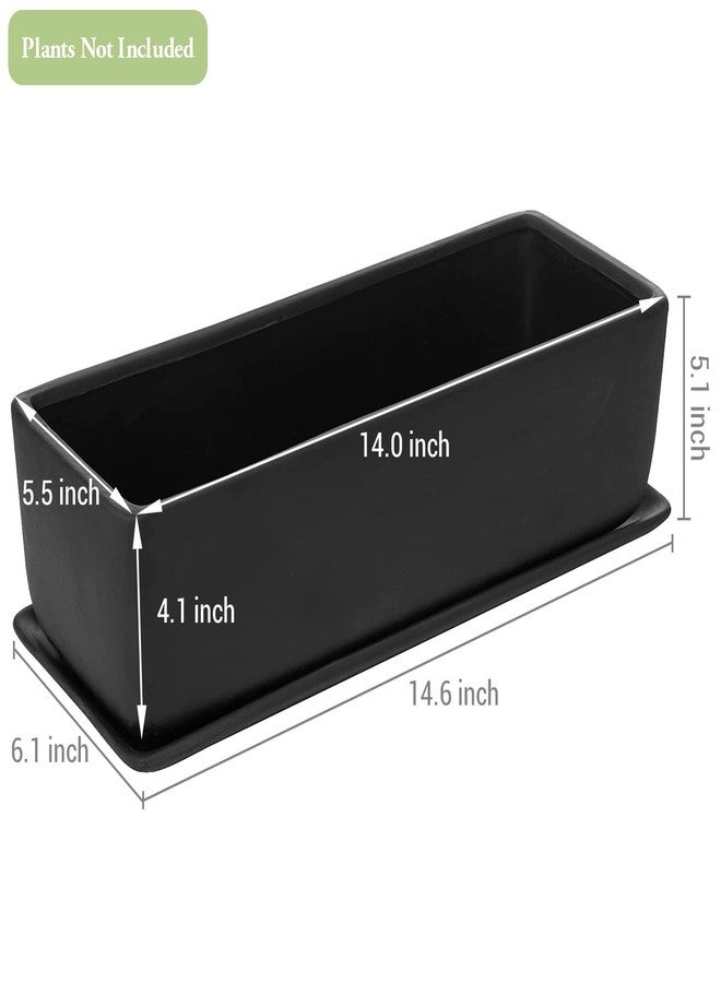 MyGift 14 Inch Black Ceramic Window Box Planters, Rectangle Flower Boxes Succulent Planter Pot with Saucer, Drainage Holes and Trays for Windowsill, Indoor, Outdoor, Garden - Image 5