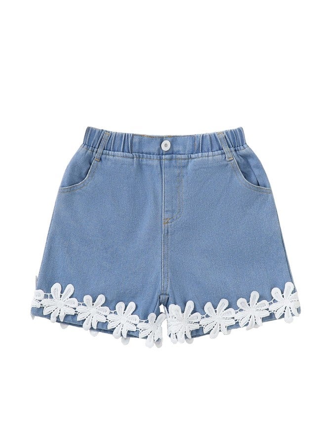 Hilinker Girls Jean Shorts Floral Lace Hem Elastic Waist Cute Summer Denim Shorts with Pockets Blue Flower 7-8 Years - Image 1